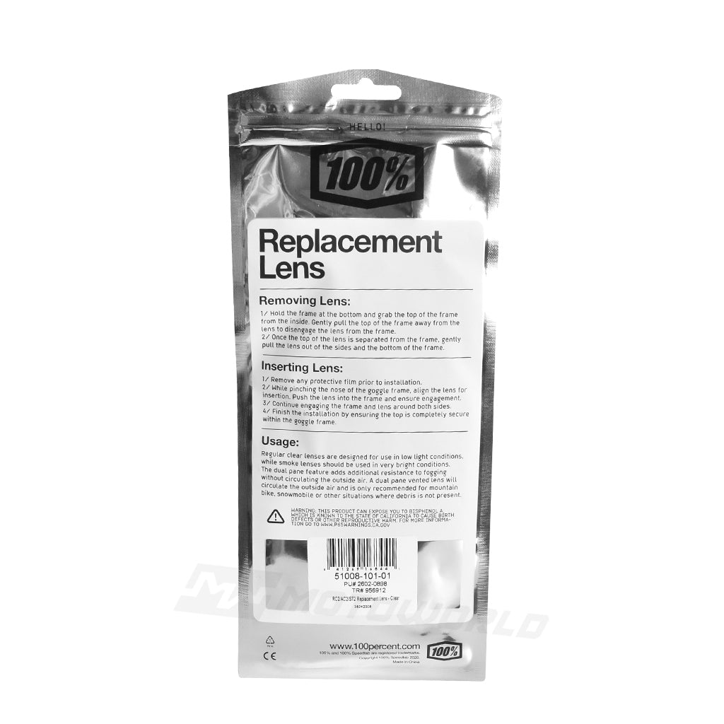 100% REPLACEMENT LENS FOR HELMET GOOGLES